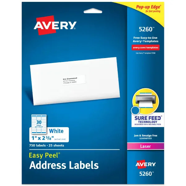 Avery&reg; Easy Peel&reg; Address Labels with Sure Feed&reg;, 1" x 2-5/8", White, 750 Blank Mailing Labels (5260)