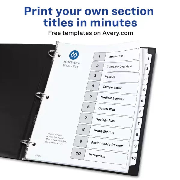 Avery&reg; Ready Index&reg; Dividers for 3 Ring Binders, 10 Tab Sets, Customizable Table of Contents, White Tabs, 6 Sets (11823)