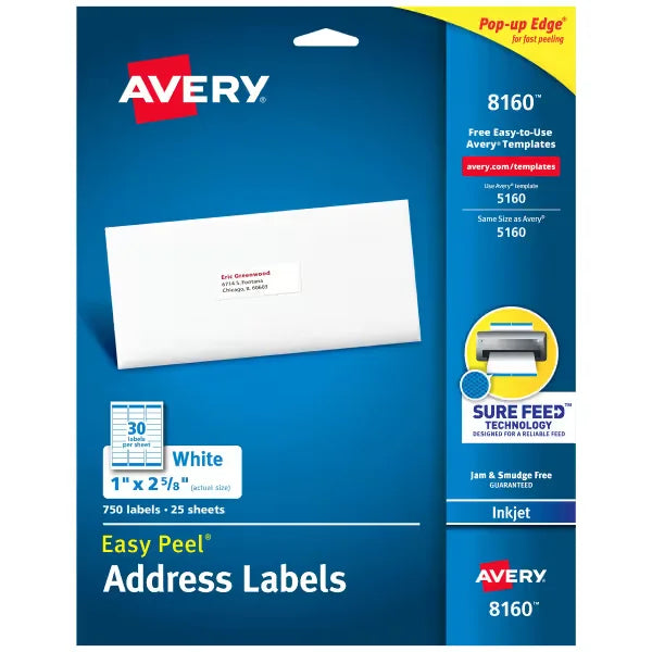Avery&reg; Easy Peel&reg; Address Labels with Sure Feed&reg;, 1" x 2-5/8", White, 750 Blank Mailing Labels (8160)