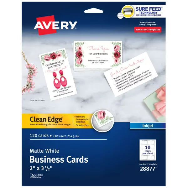 Avery&reg; Clean Edge&reg; Business Cards with Sure Feed Technology, 2" x 3-1/2", White, 120 Blank Cards (28877)