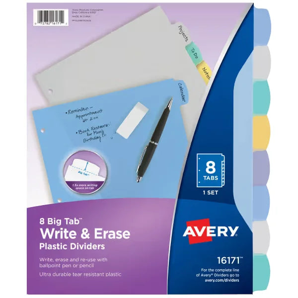 Avery&reg; Big Tab&trade; Write & Erase Durable Plastic Dividers, 8-Tab Set, Pastel Multicolor, 1 Set (16171)