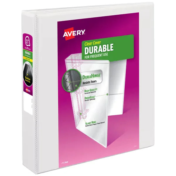 Avery&reg; Durable View 3 Ring Binders, 1-1/2 Inch Slant Rings, 375-Sheet Capacity, White Binder (17022)