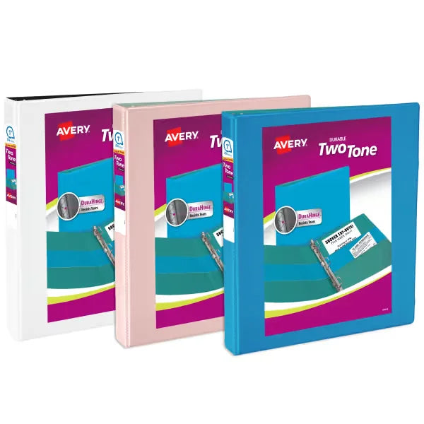 Avery&reg; Two-Tone Durable View Binder, 1" Slant Rings, 220-Sheet Capacity, DuraHinge&trade;, Assorted Colors (17191)