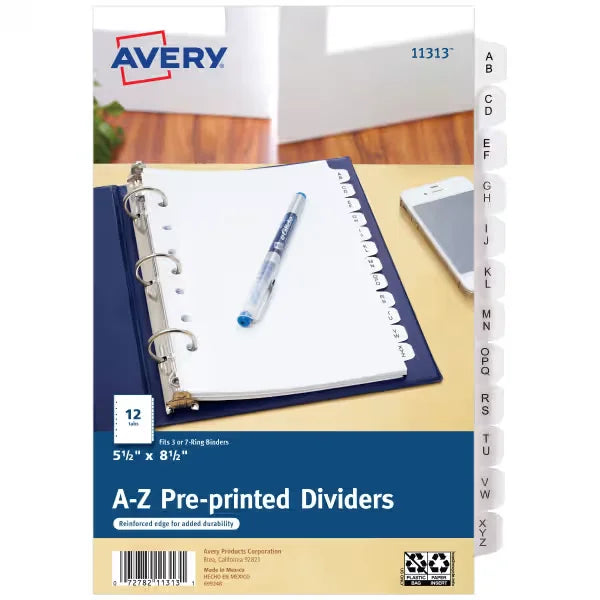 Avery&reg; A-Z Mini Dividers, 12 Tabs per Set, 8.5" x 5.5", Pre-printed Tabs, 1 Binder Divider Set (11313)