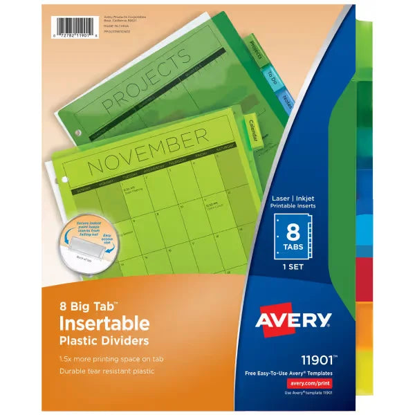Avery&reg; 8-Tab Binder Dividers, Big Tab&trade; Insertable Plastic Dividers, Multicolor, 1 Set (11901)
