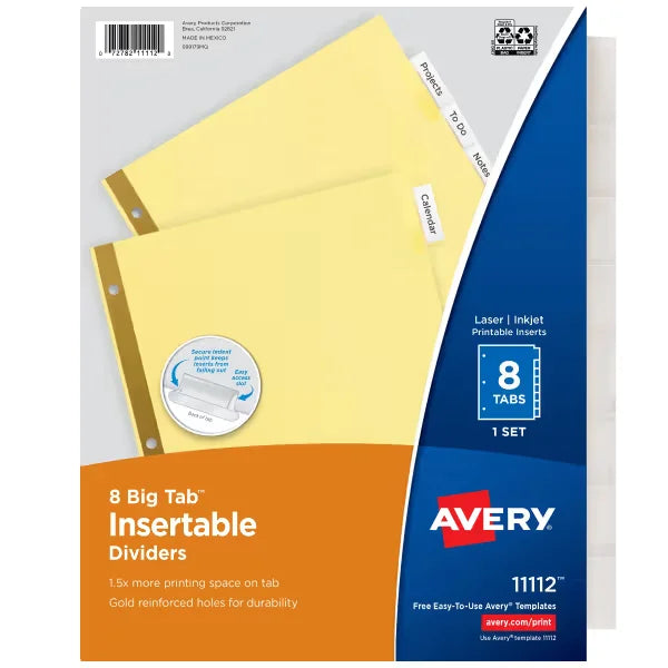 Avery&reg; Big Tab&trade; Insertable Dividers, Buff Paper, Clear Tabs, 8-Tab Set (11112)