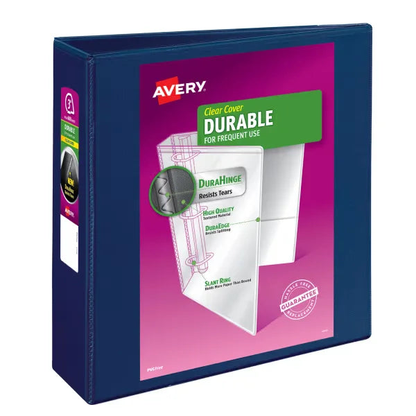Avery&reg; Durable View Binder, 3" Slant Rings, 600-Sheet Capacity, DuraHinge&trade;, Blue (17044)