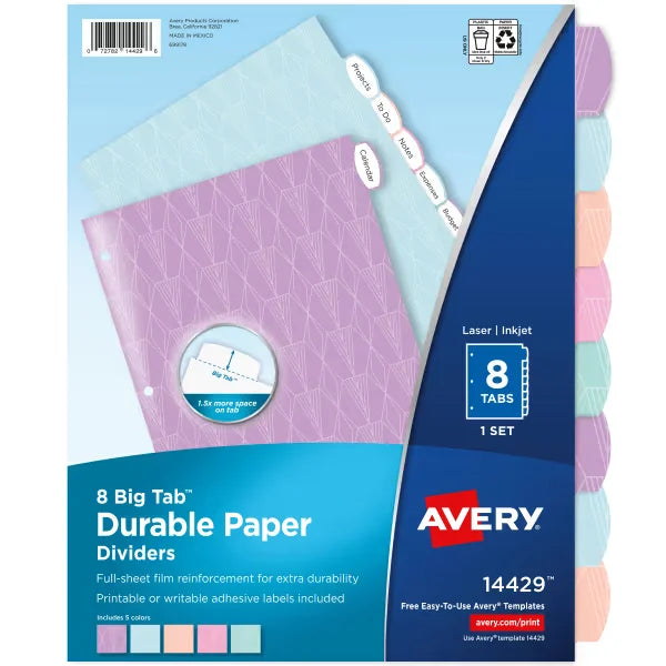 Avery&reg; Big Tab&trade; Durable Paper Dividers, 8-Tab Set, Assorted Pastel Colors, Easy Peel&reg; Labels (14429)