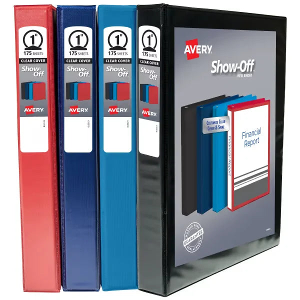 Avery&reg; Show-Off Standard View Binders, 1" Round Rings, 175-Sheet Capacity, 1.4-Inch Wide Spine, Assorted (Black, Light Blue, Navy Blue, Red) (12789)