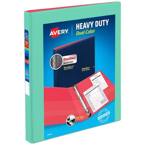 Avery&reg; Heavy-Duty Dual Color Binder, 1/2" Slant Rings, 135-Sheet Capacity, 0.7 Inch Wide Spine, Mint/Coral (17881)