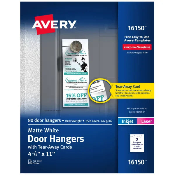 Avery&reg; Door Hangers with Tear-Away Cards, 4-1/4" x 11", Matte White, 80 Blank Door Hangers (16150)