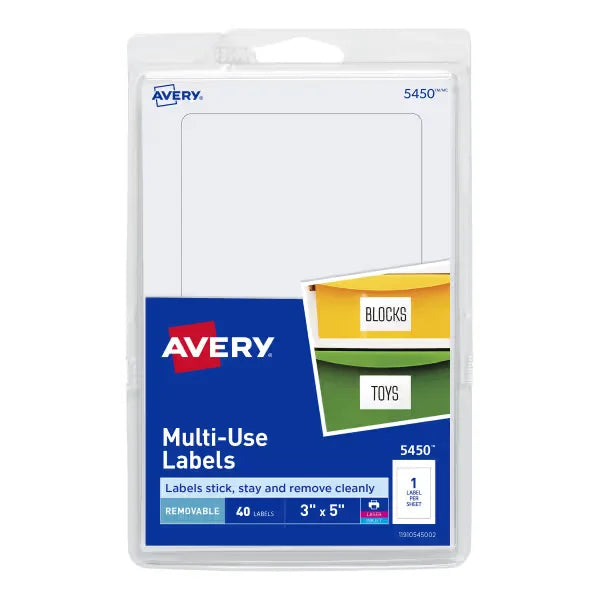 Avery&reg; Removable Labels, Removable Adhesive, 3" x 5", 40 Labels (5450)