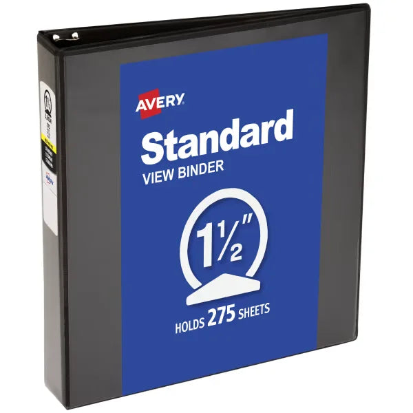 Avery&reg; Standard View Binder, 1-1/2" Round Rings, 275-Sheet Capacity, 2.1-Inch Wide Spine, Black Binder (05771)