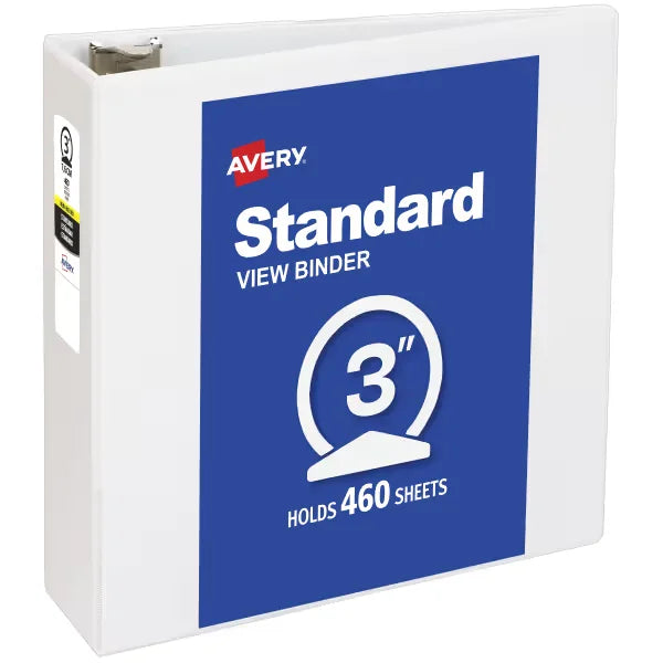 Avery&reg; Standard View Binder, 3" Round Rings, 460-Sheet Capacity, 3.5-Inch Wide Spine, White Binder (05741)