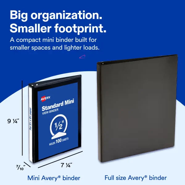 Avery&reg; Mini Durable View Binder, 1/2" Round Rings, 100-Sheet Capacity for 5-1/2" x 8-1/2" Paper, 0.7" Spine, White (27726)