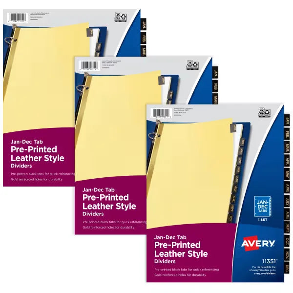 Avery&reg; Jan-Dec Pre-Printed Dividers for 3 Ring Binders, 12-Tab Sets, Pre-Printed Black Leather Tabs, 3 Sets (26180)