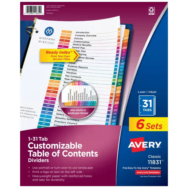 Avery&reg; Ready Index&reg; 1-31 Dividers, 31 Tab Sets, Customizable Table of Contents, Multicolor Tabs, 6 Sets (11831)