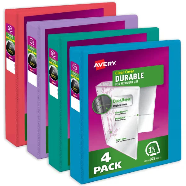 Avery&reg; Durable View 3 Ring Binders, 1-1/2 Inch Slant Rings, 375-Sheet Capacity, Assorted Bright Colors (4-Pack of 05687)