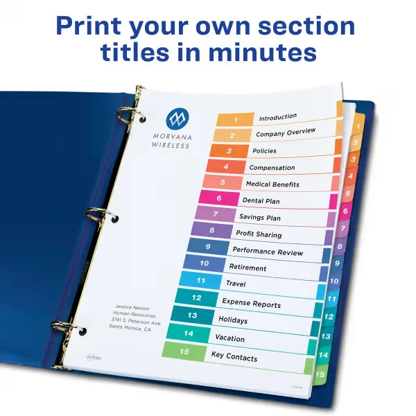Avery&reg; Ready Index&reg; 15 Tab Binder Dividers, Customizable Table of Contents, Multicolor Tabs, 6 Sets (11197)