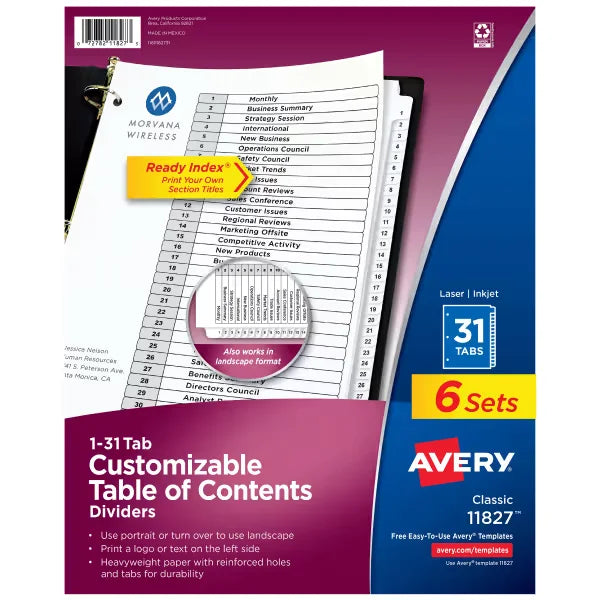 Avery&reg; Ready Index&reg; 1-31 Dividers, 31 Tab Sets, Customizable Table of Contents, White Tabs, 6 Sets (11827)
