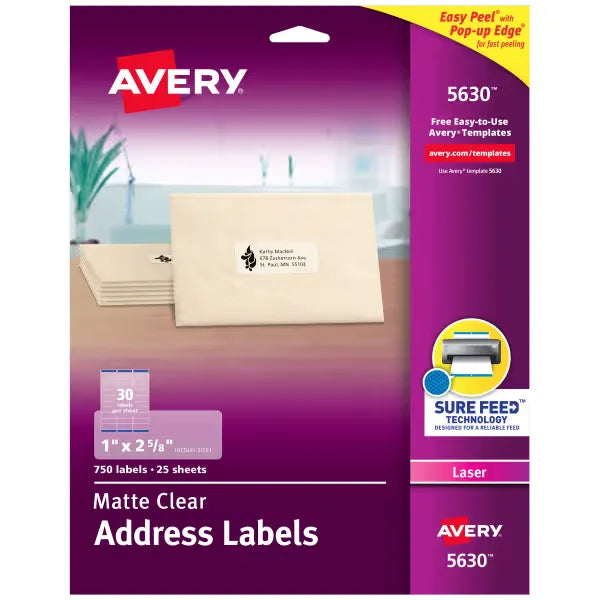 Avery&reg; Matte Clear Address Labels, Sure Feed&trade; Technology, Laser, 1" x 2-5/8", 750 Labels (5630)
