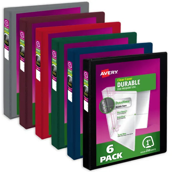 Avery&reg; Durable View 3 Ring Binders, 1 Inch Slant Rings, 250-Sheet Capacity, Assorted Dark Colors (6-Pack of 05633)